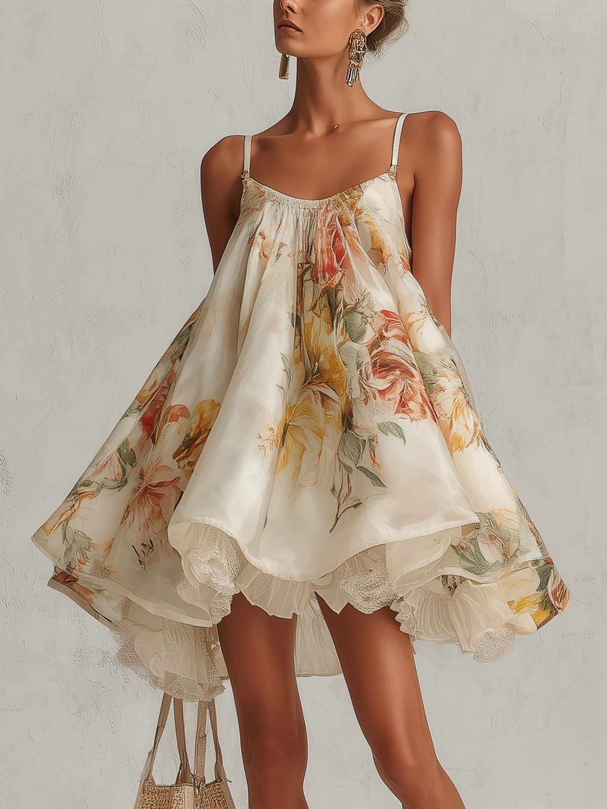 Blanche | Vestido mini trapecio de organza floral beige con ribete de encaje