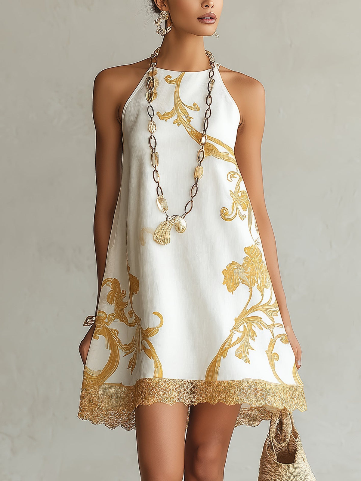 Héloïse | Vestido mini de encaje blanco con motivos dorados