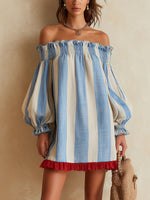 Ondine | Vestido mini de rayas azul y blanco con hombros al aire y bajo en contraste