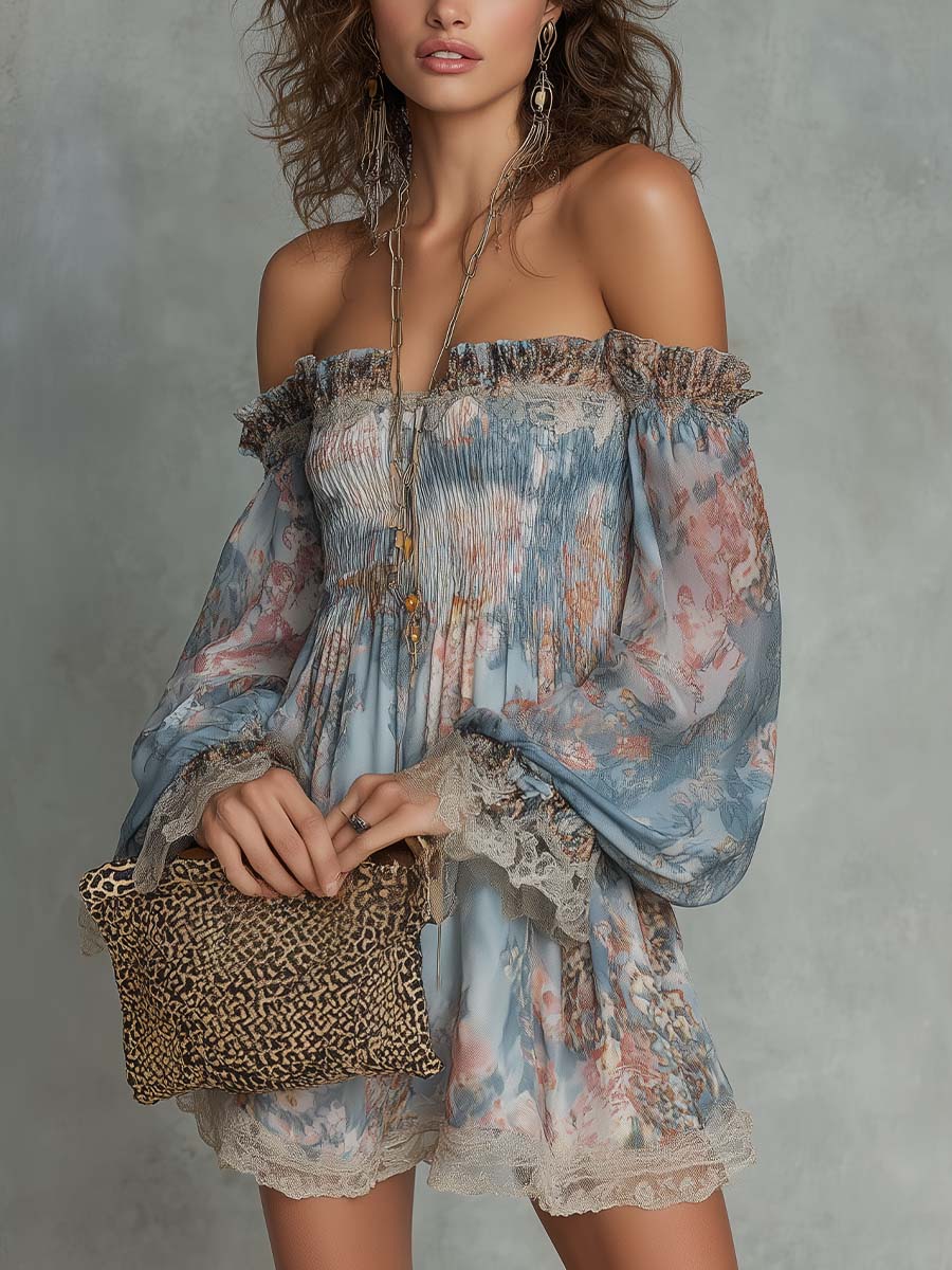 Romane | Vestido mini de muselina fruncida con hombros al aire y flores románticas