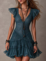 Delphine | Vestido mini de encaje y muselina azul con volantes