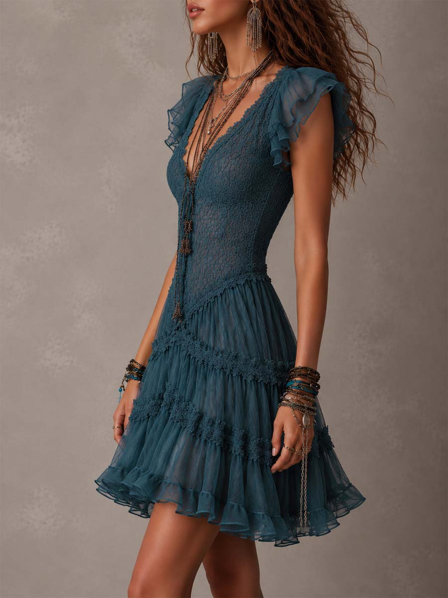 Delphine | Vestido mini de encaje y muselina azul con volantes