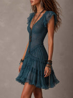 Delphine | Vestido mini de encaje y muselina azul con volantes