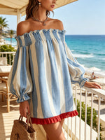 Ondine | Vestido mini de rayas azul y blanco con hombros al aire y bajo en contraste