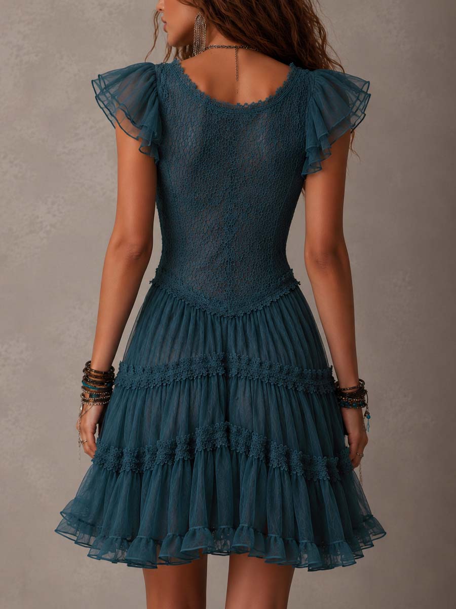 Delphine | Vestido mini de encaje y muselina azul con volantes