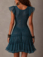 Delphine | Vestido mini de encaje y muselina azul con volantes