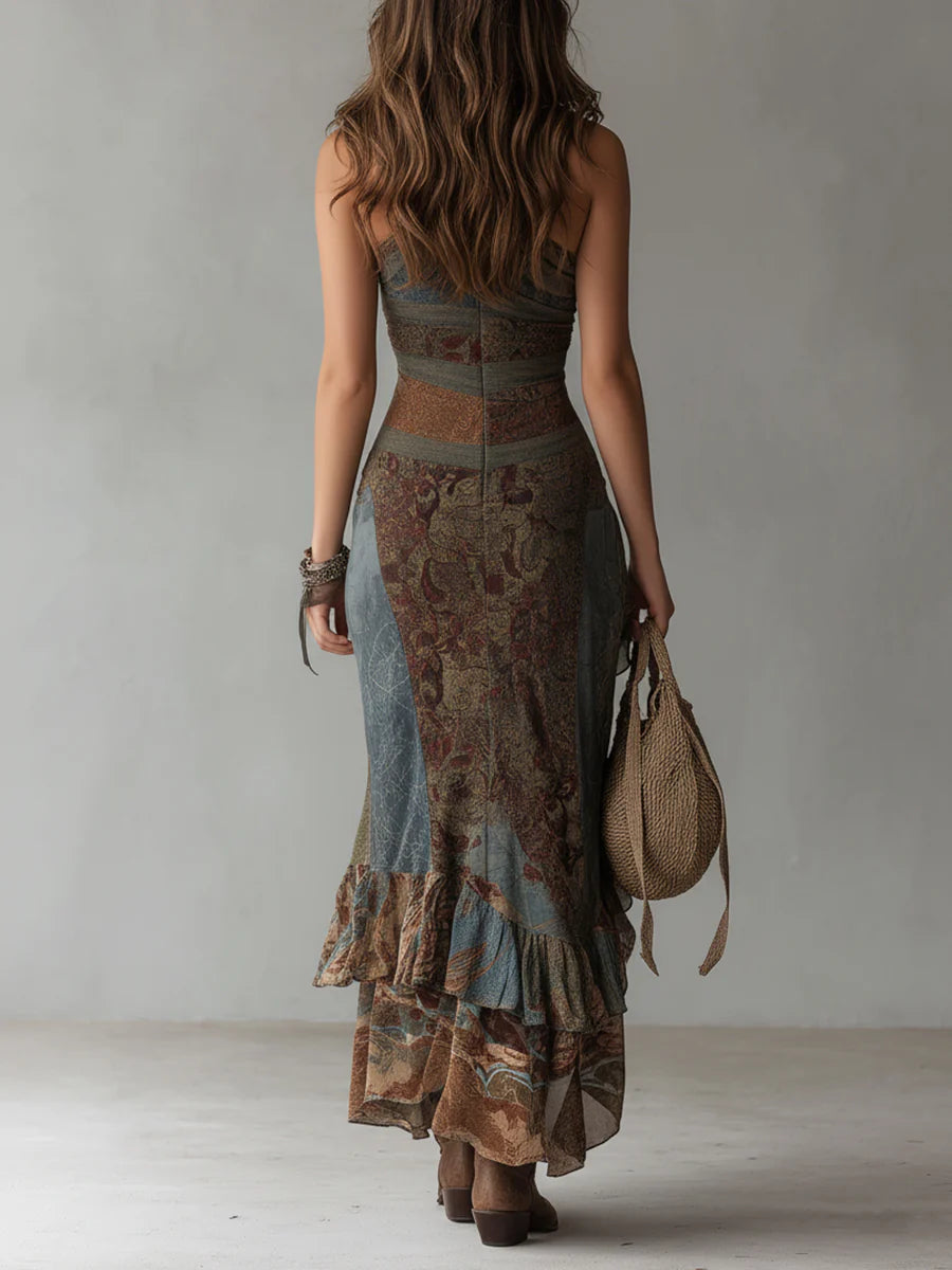 Elena | Vestido largo asimétrico con estampado atrevido y abertura con volante