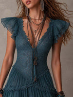 Delphine | Vestido mini de encaje y muselina azul con volantes