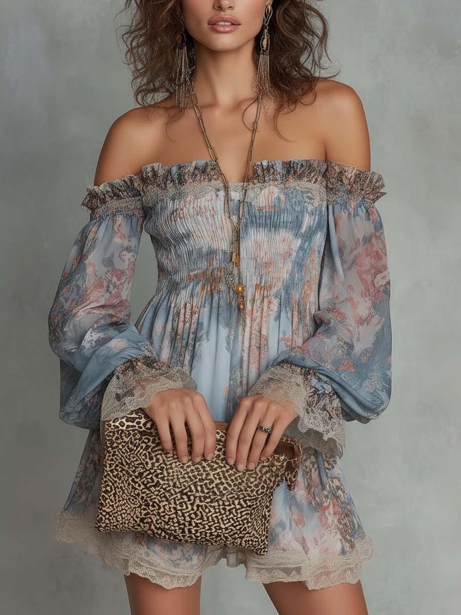 Romane | Vestido mini de muselina fruncida con hombros al aire y flores románticas