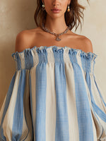 Ondine | Vestido mini de rayas azul y blanco con hombros al aire y bajo en contraste