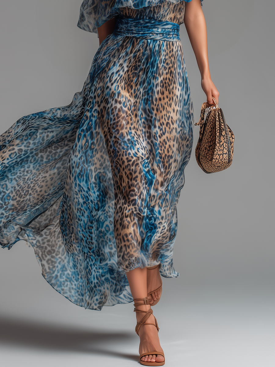 Sauvage | Vestido largo de muselina con estampado de leopardo y hombros al aire