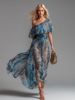 Sauvage | Vestido largo de muselina con estampado de leopardo y hombros al aire