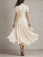 Adriana | Vestido midi satinado de rayas retro