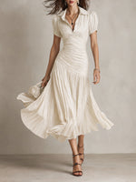 Adriana | Vestido midi satinado de rayas retro