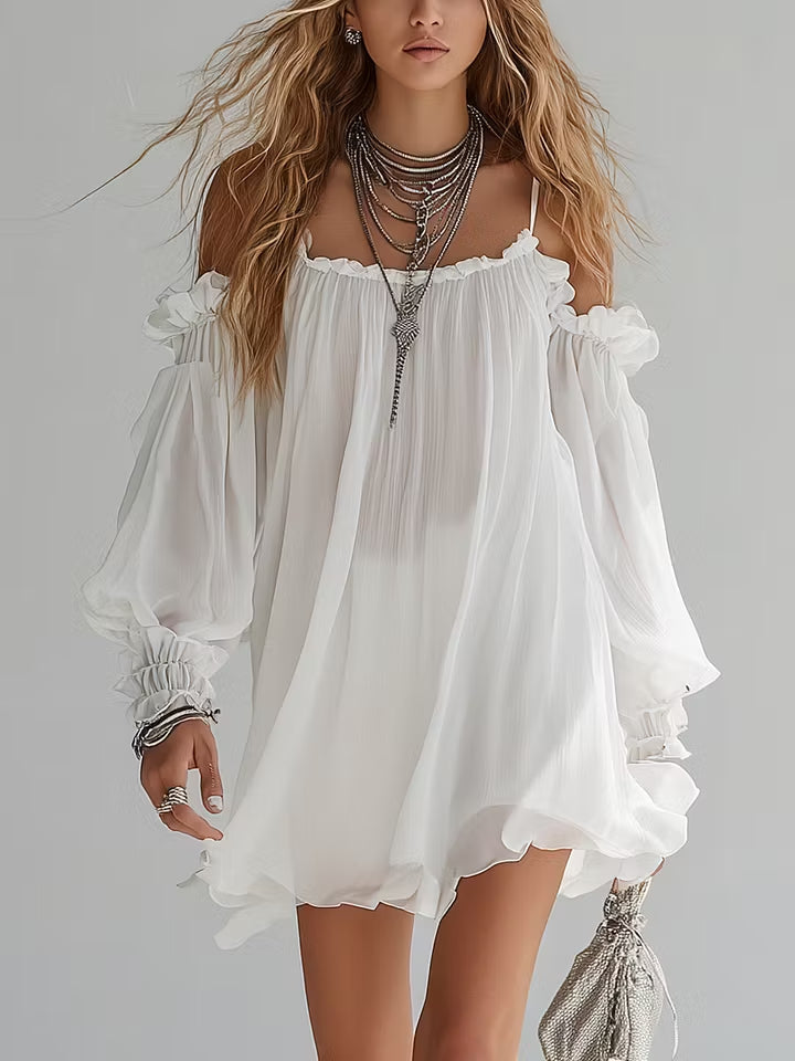 Mélusine | Vestido mini fluido estilo boho con hombros al aire