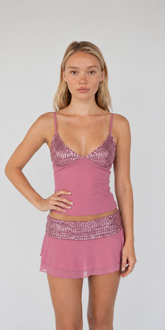 Conjunto mini adornado con lentejuelas rosas