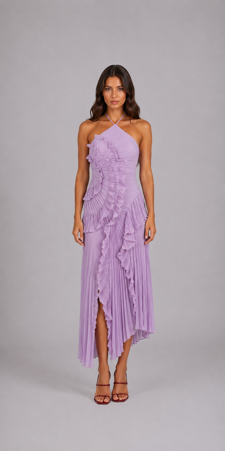 Vestido largo de invitada con volantes en lila suave, vista frontal - Clara Vellier