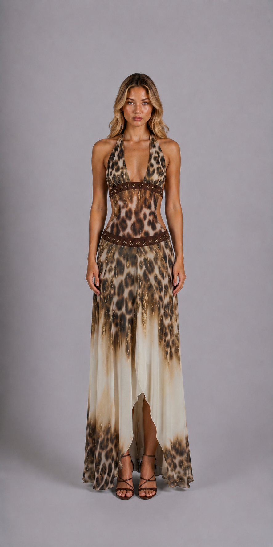 Vestido Largo con Estampado de Leopardo y Escote Halter