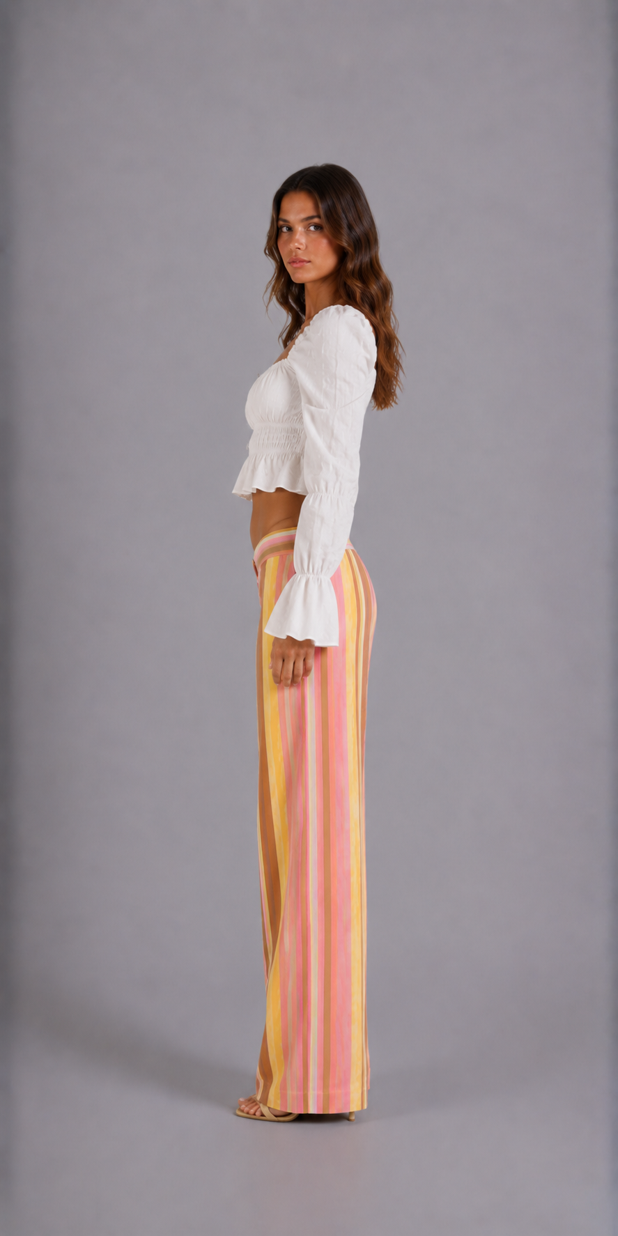 Pantalón largo a rayas verticales elegante para mujer, vista lateral izquierdo - Clara Vellier