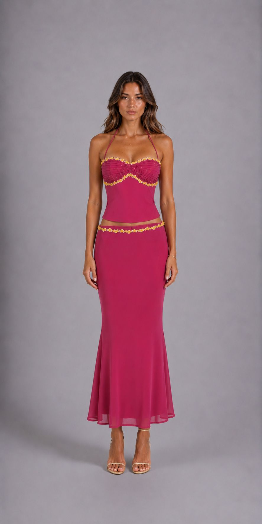 Ensemble dos nu maxi avec haut et jupe longue fuchsia