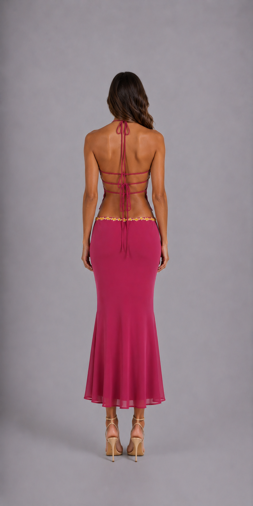 Ensemble dos nu maxi avec haut et jupe longue fuchsia