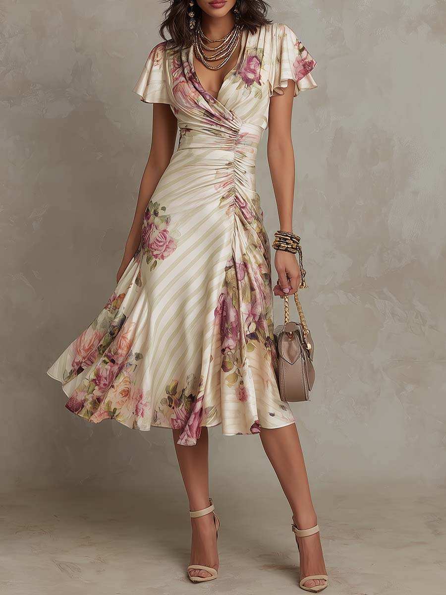 Alba | Vestido midi cruzado y fruncido con estampado floral