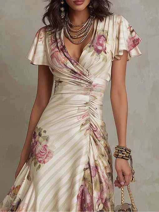 Alba | Vestido midi cruzado y fruncido con estampado floral