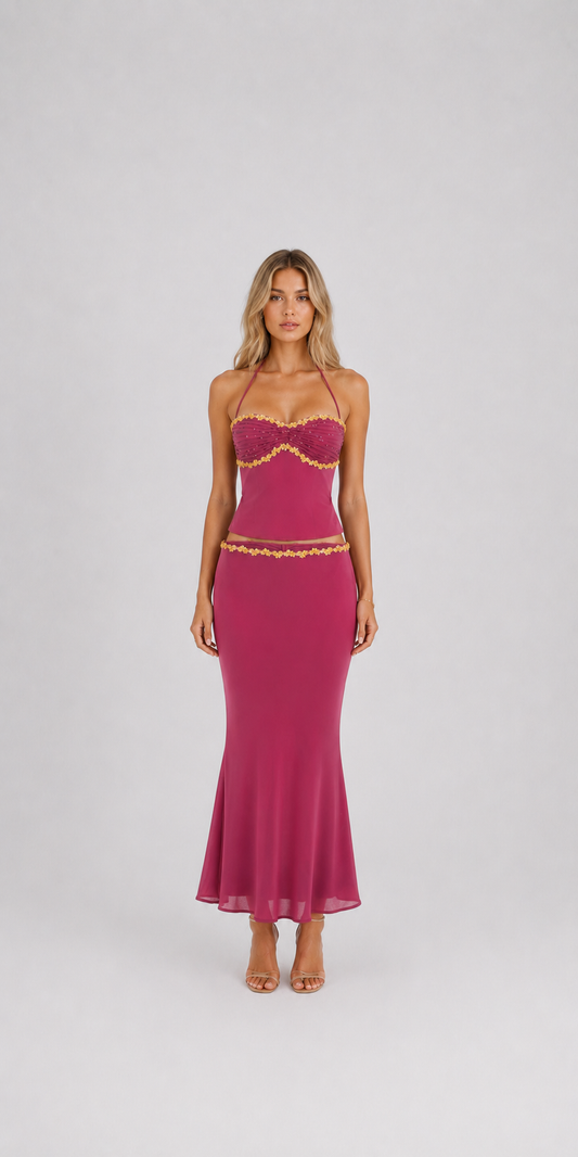 Burgundy Halter Maxi Set