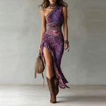 Elena | Vestido largo asimétrico con estampado atrevido y abertura con volante