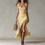 Zara | Vestido largo boho fruncido con estampado floral y abertura lateral
