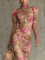 Florette | Vestido largo romántico con estampado de rosas vintage y mangas abullonadas