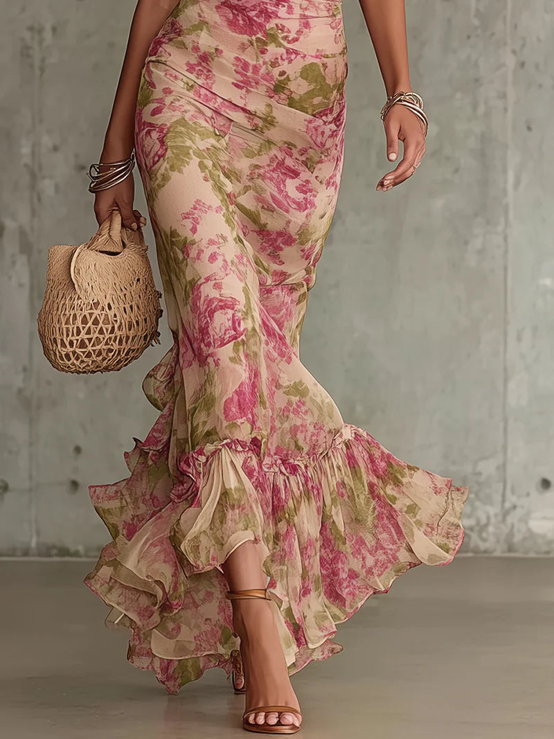 Florette | Vestido largo romántico con estampado de rosas vintage y mangas abullonadas