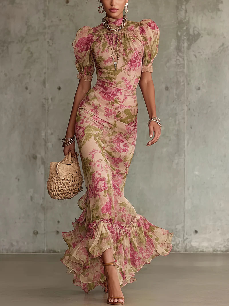 Florette | Vestido largo romántico con estampado de rosas vintage y mangas abullonadas