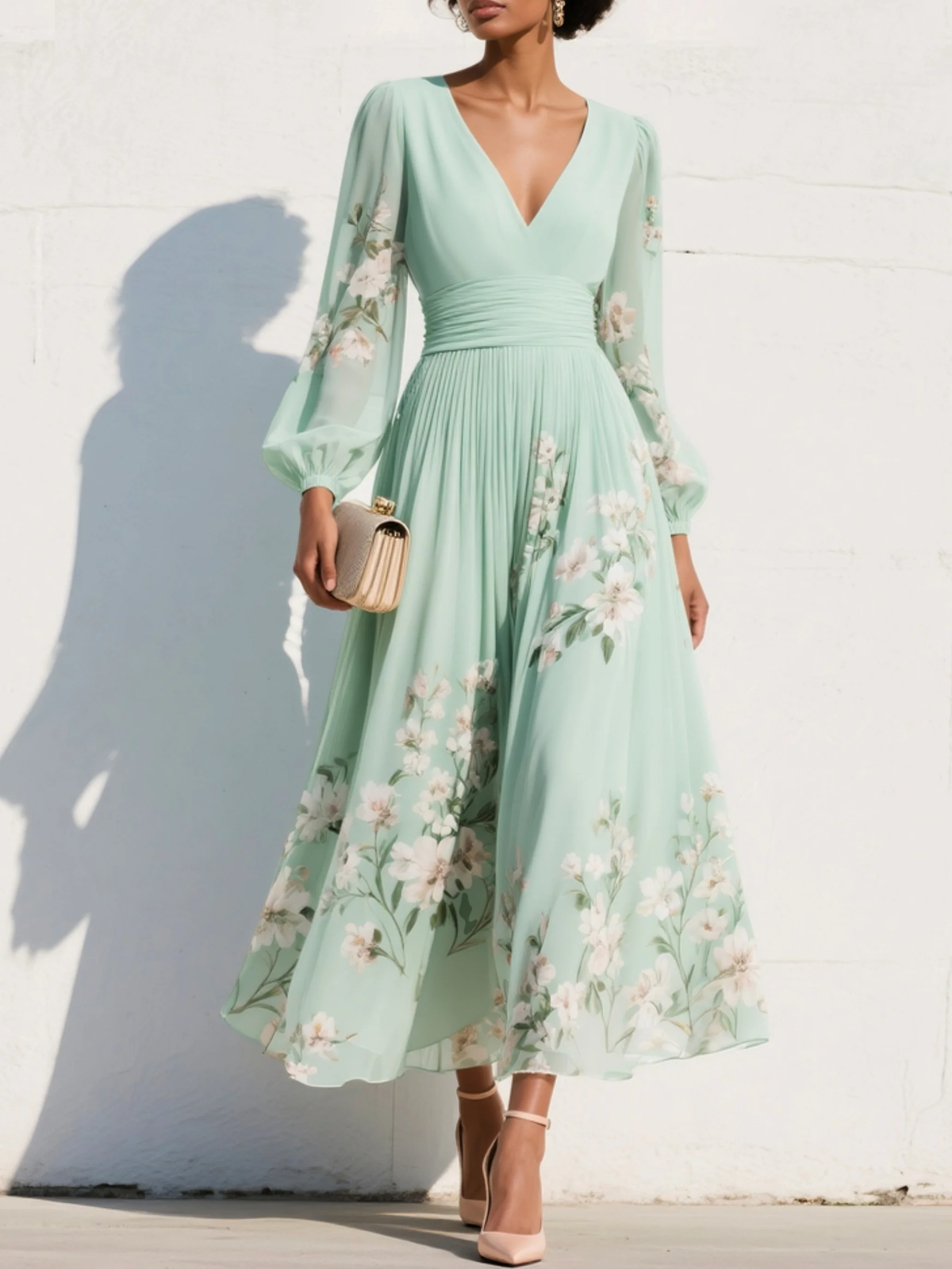 Susane | Vestido largo plisado de muselina verde menta con estampado floral