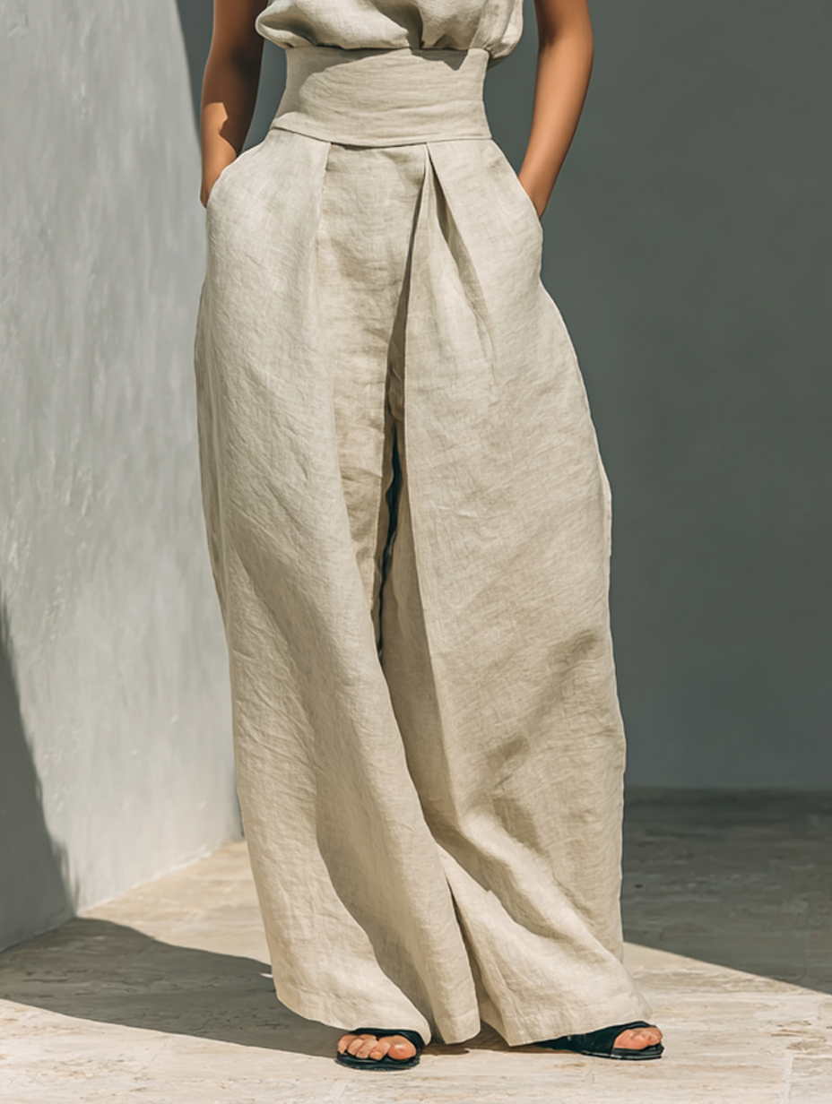 Aurora | Conjunto de dos piezas de lino beige con top sin mangas y pantalón ancho
