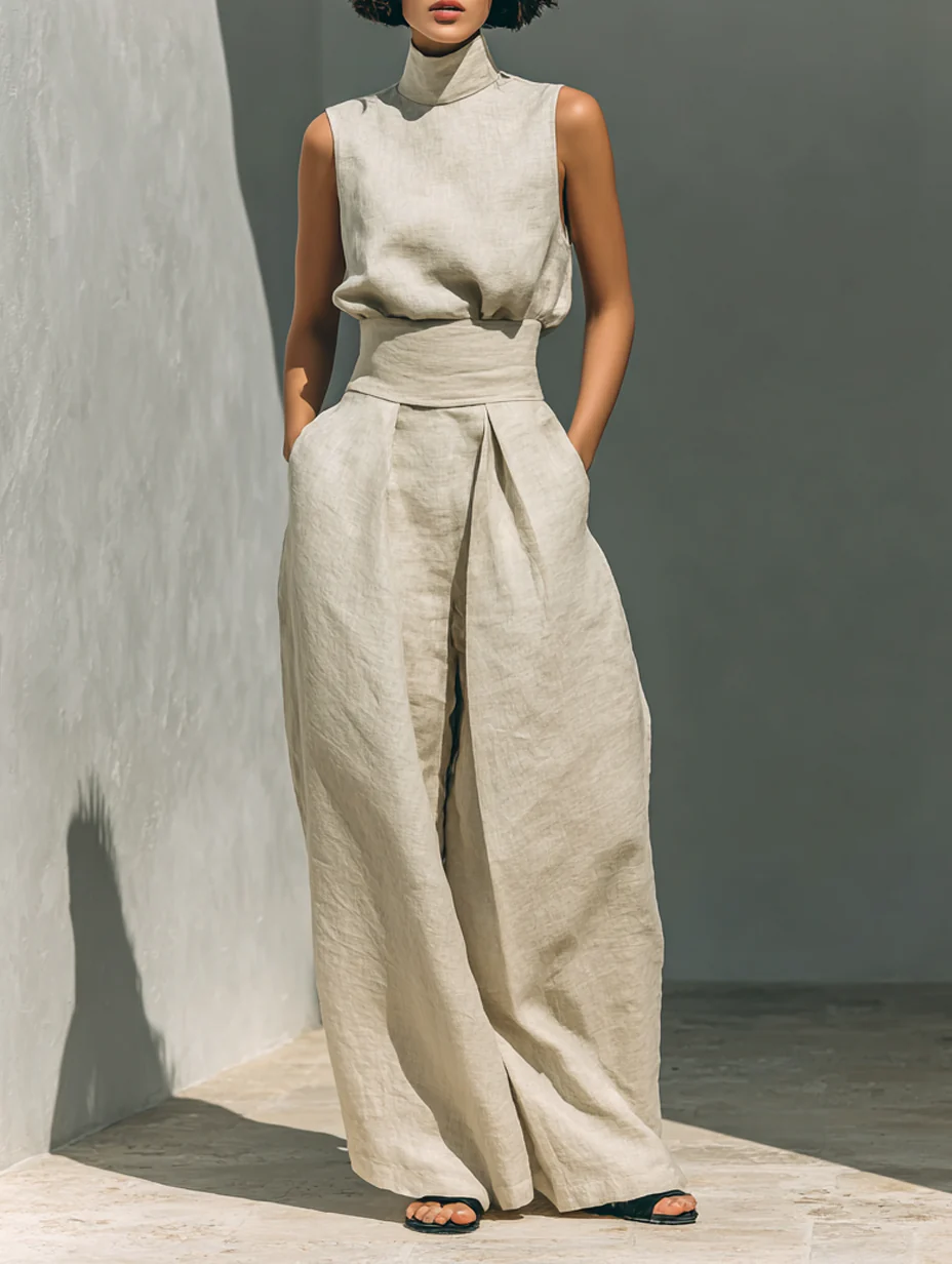 Aurora | Conjunto de dos piezas de lino beige con top sin mangas y pantalón ancho