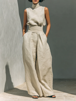 Aurora | Conjunto de dos piezas de lino beige con top sin mangas y pantalón ancho