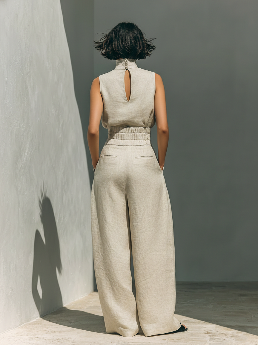 Aurora | Conjunto de dos piezas de lino beige con top sin mangas y pantalón ancho