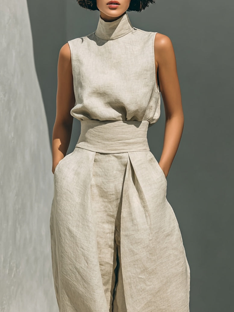 Aurora | Conjunto de dos piezas de lino beige con top sin mangas y pantalón ancho