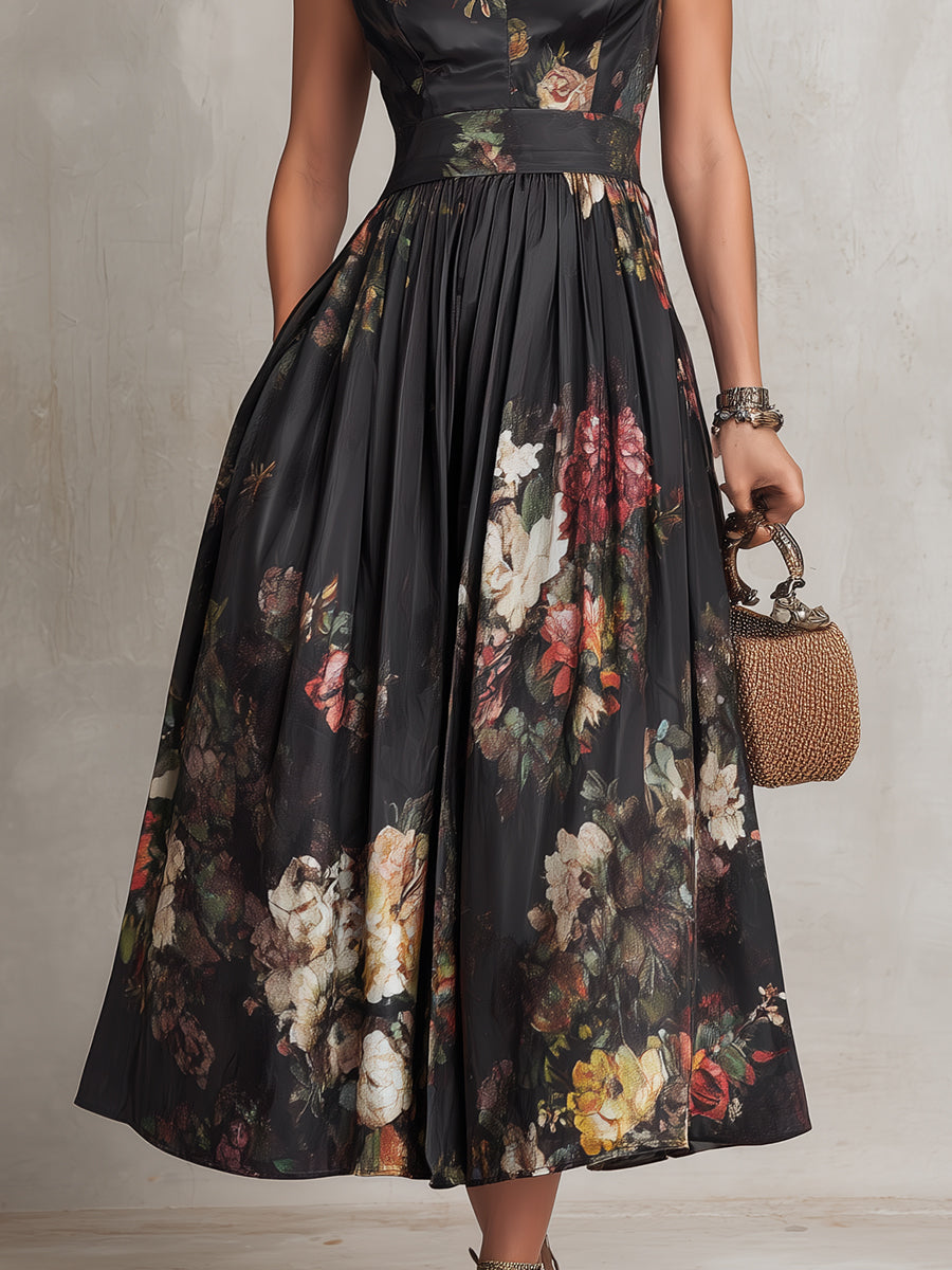 Violette | Vestido midi de satén plisado negro con estampado floral y escote drapeado