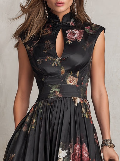 Violette | Vestido midi de satén plisado negro con estampado floral y escote drapeado
