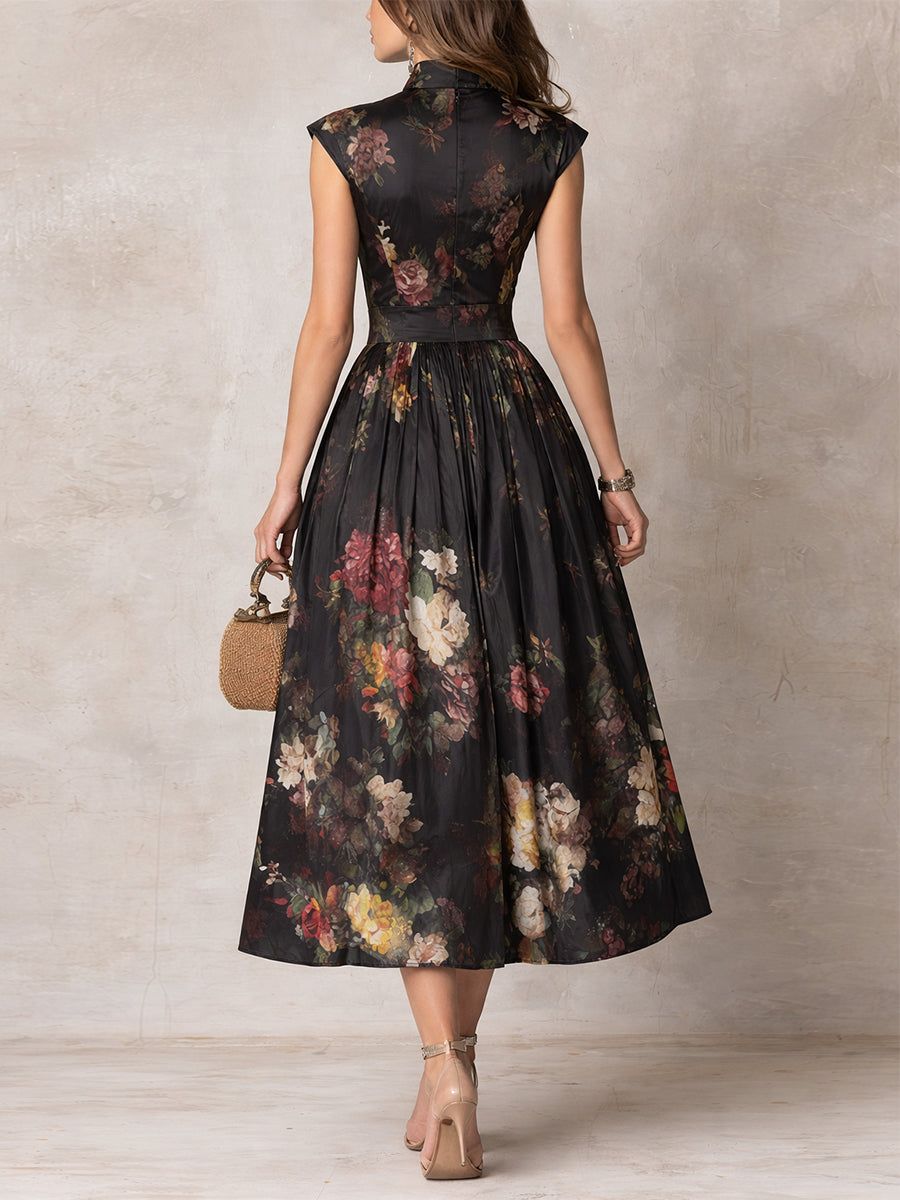 Violette | Vestido midi de satén plisado negro con estampado floral y escote drapeado