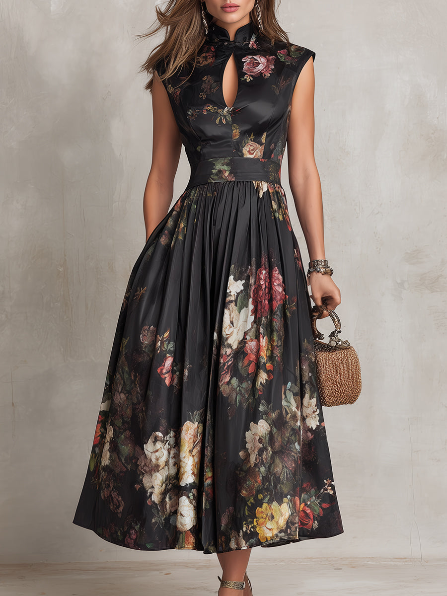Violette | Vestido midi de satén plisado negro con estampado floral y escote drapeado