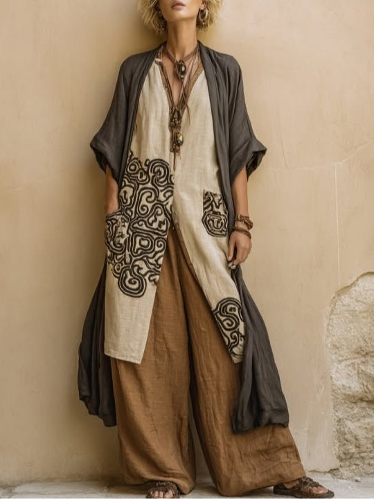 Juliette | Conjunto de tres piezas boho gris oscuro y marrón con motivo tribal
