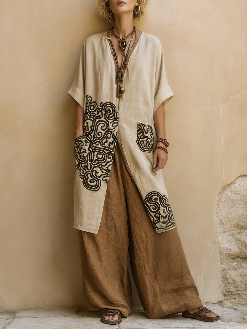 Juliette | Conjunto de tres piezas boho gris oscuro y marrón con motivo tribal