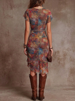Martina | Vestido midi plisado con escote en V y estampado de arte abstracto estilo boho