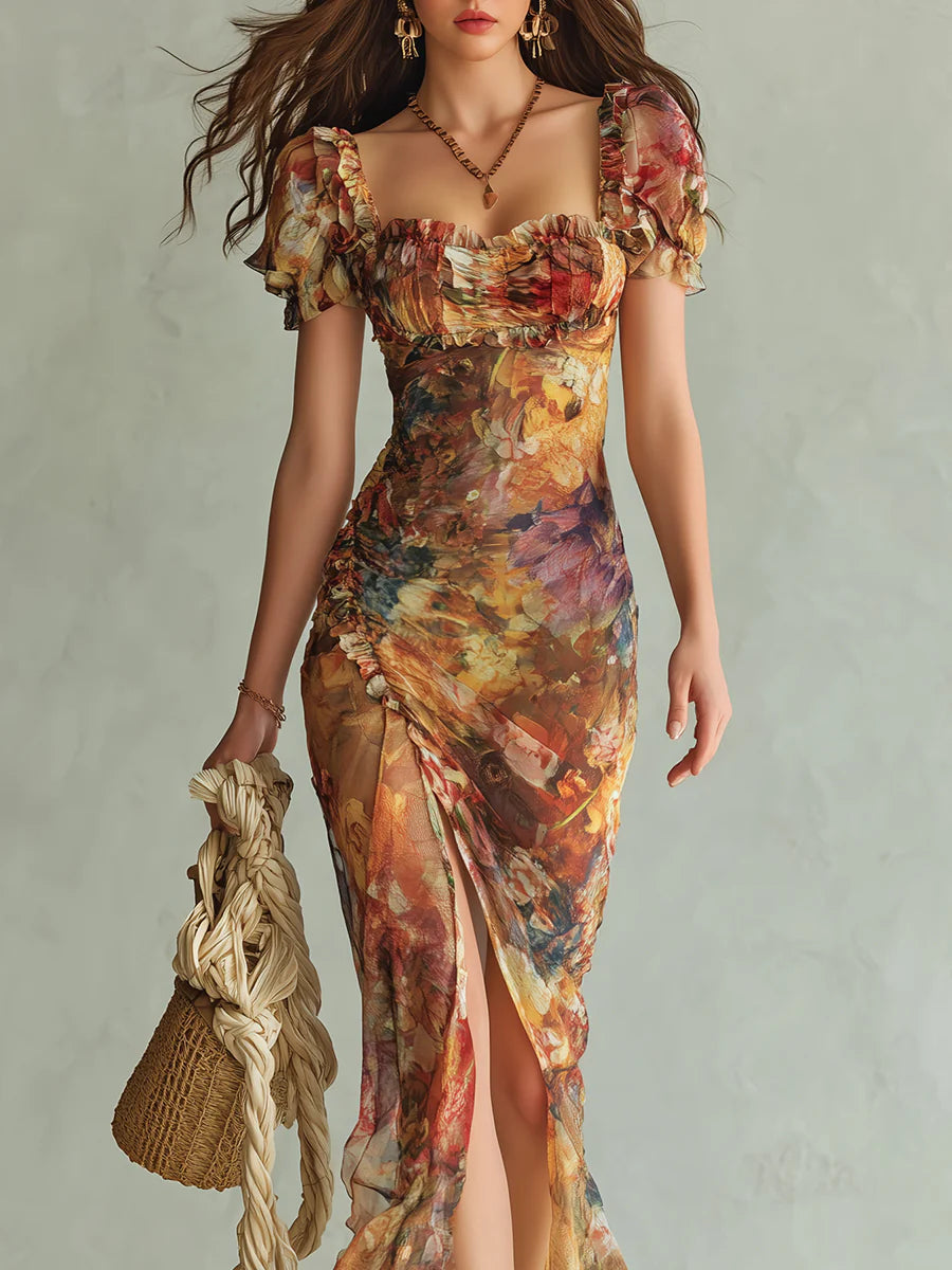 Violette | Vestido largo de muselina naranja con estampado efecto pintura al óleo estilo boho