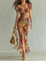 Violette | Vestido largo de muselina naranja con estampado efecto pintura al óleo estilo boho