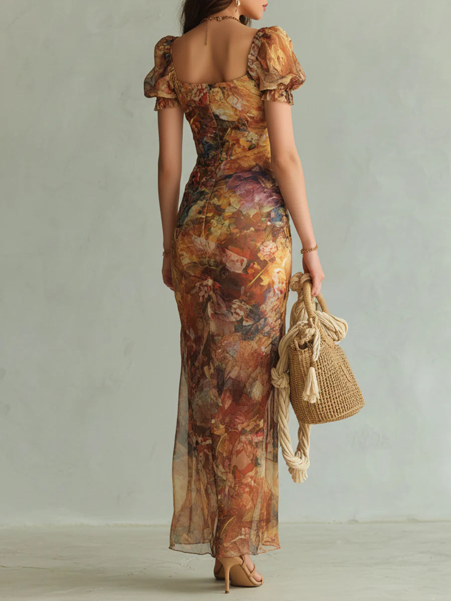 Violette | Vestido largo de muselina naranja con estampado efecto pintura al óleo estilo boho