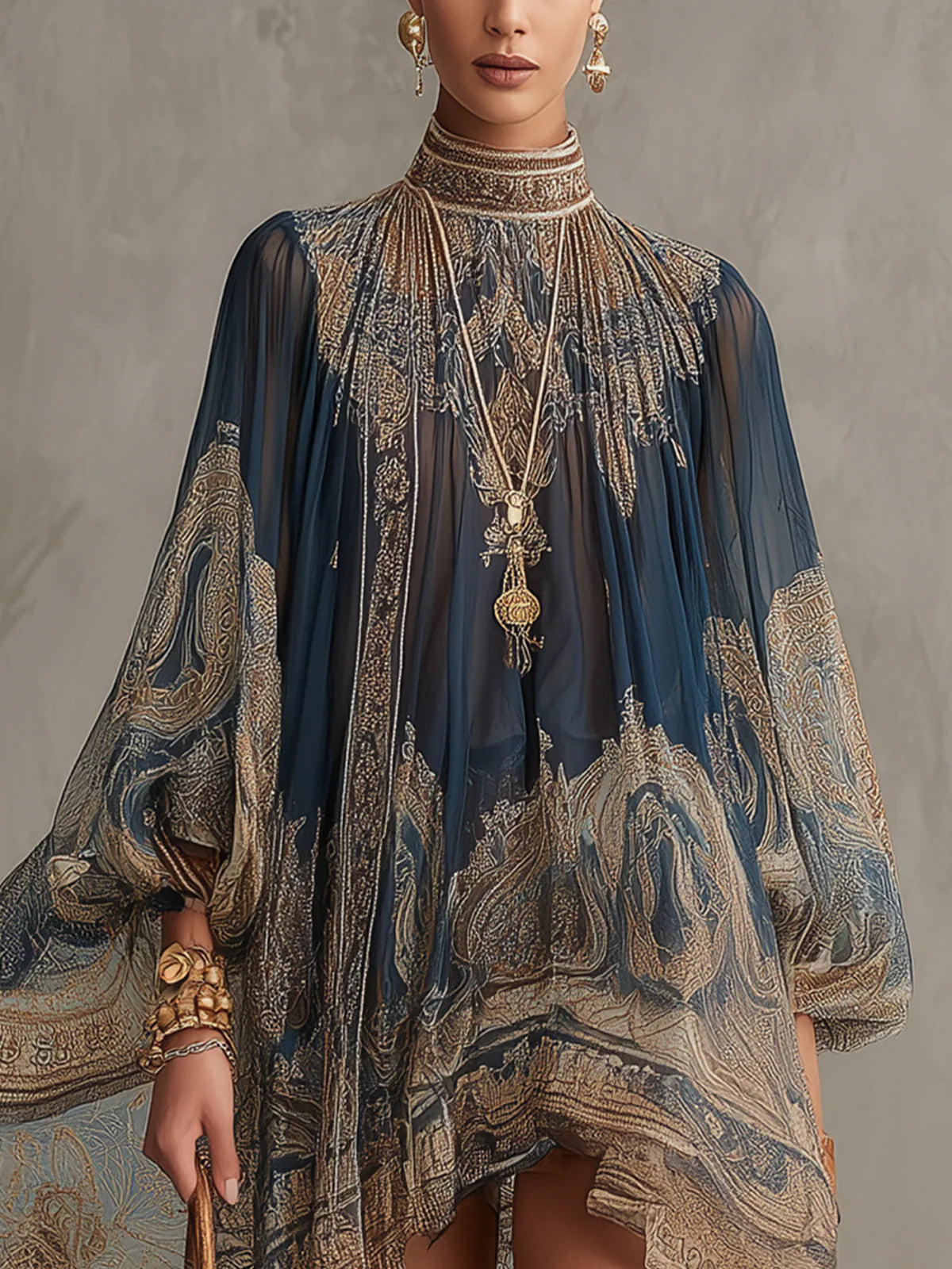 Bérénice | Vestido mini de muselina asimétrico con estampado barroco azul marino y cuello alto